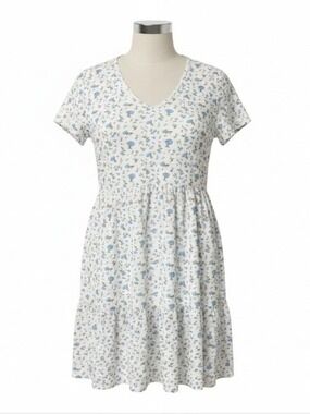 Cream Floral Tiered Mini Dress with Blue Blooms